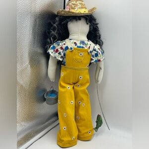 Folk Art Handmade Faceless Rag Doll in Yellow Overalls w/ Fishing Pole & Bucket